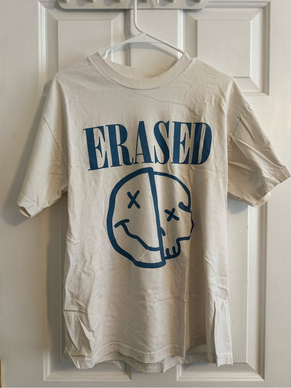 Cream Graphic Short-Sleeve Tee with Blue 'ERASED' Print